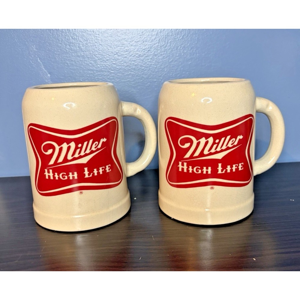 Miller High Life Beer Stein Set Unisex OS Cream Good Vintage Ceramic Mug 2pc